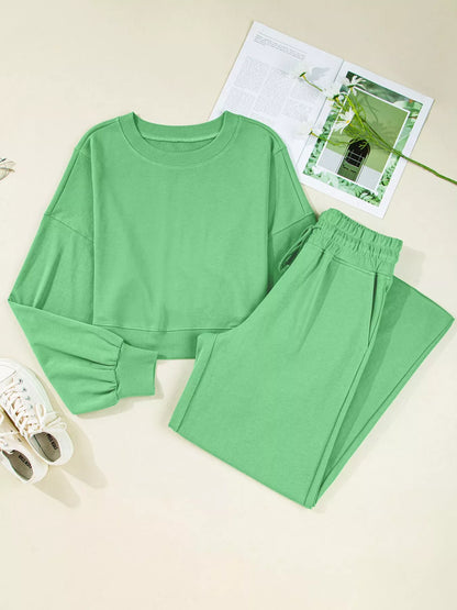 Hazel Blues® |  Drop Shoulder Puff Sleeve Crop Top and Drawstring Wide Leg Pants Set