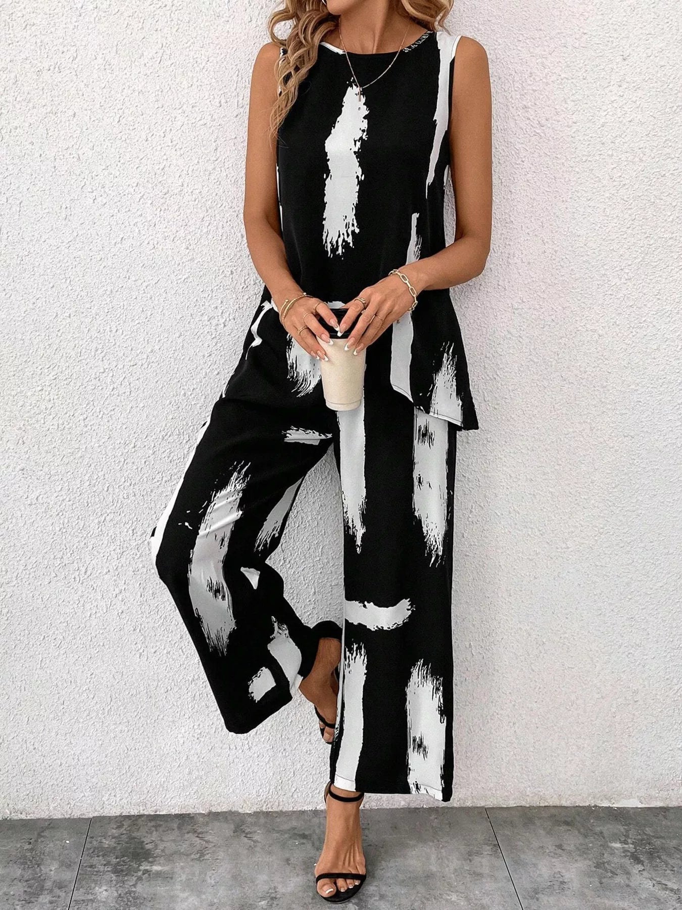 Hazel Blues® |  Abstract Print Sleeveless Top & Wide Leg Pants Set