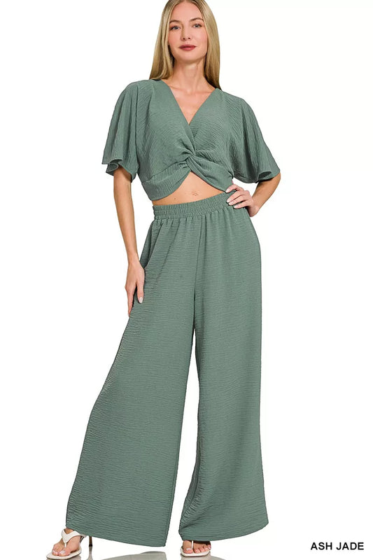Hazel Blues® |  Zenana Woven Airflow Twisted Top & Wide Leg Pants Set