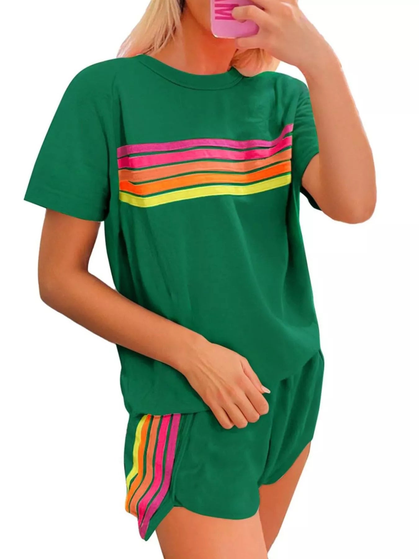 Hazel Blues® |  Rainbow Striped Round Neck Top and Shorts Set