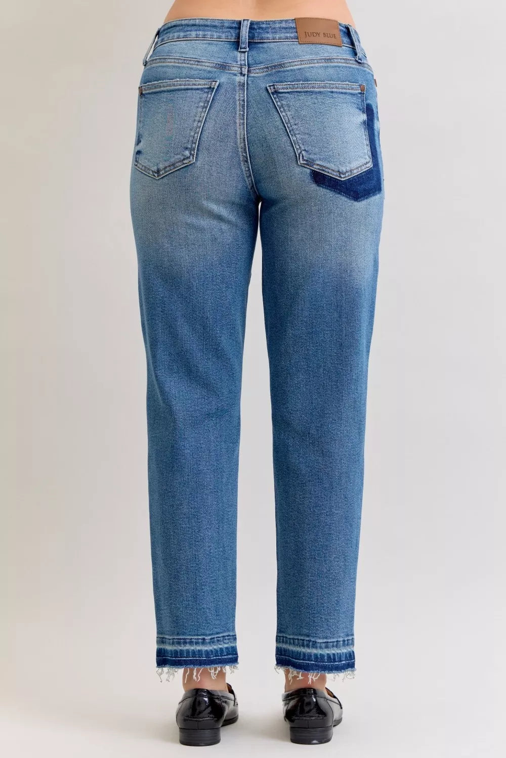 Hazel Blues® | Judy Blue Mid Rise Bf Patch & Repair Destroy Release Hem Jeans