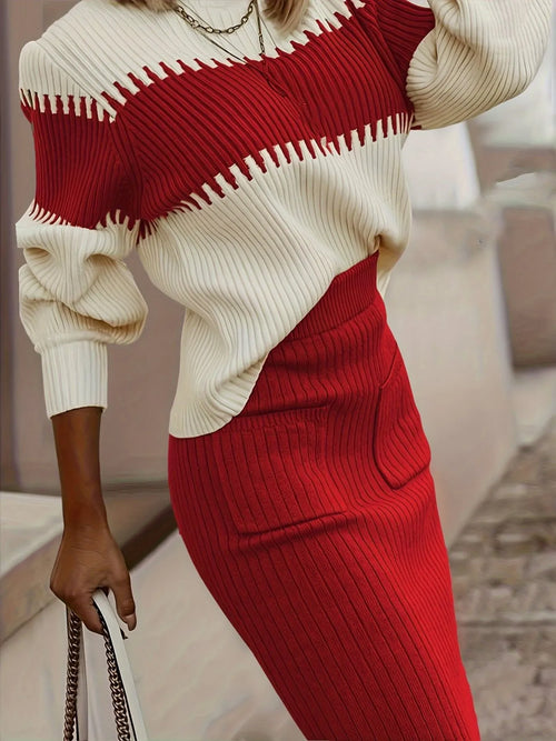 Hazel Blues® |  Two-Tone Ribbed Knit Top and Skirt Sweater Set