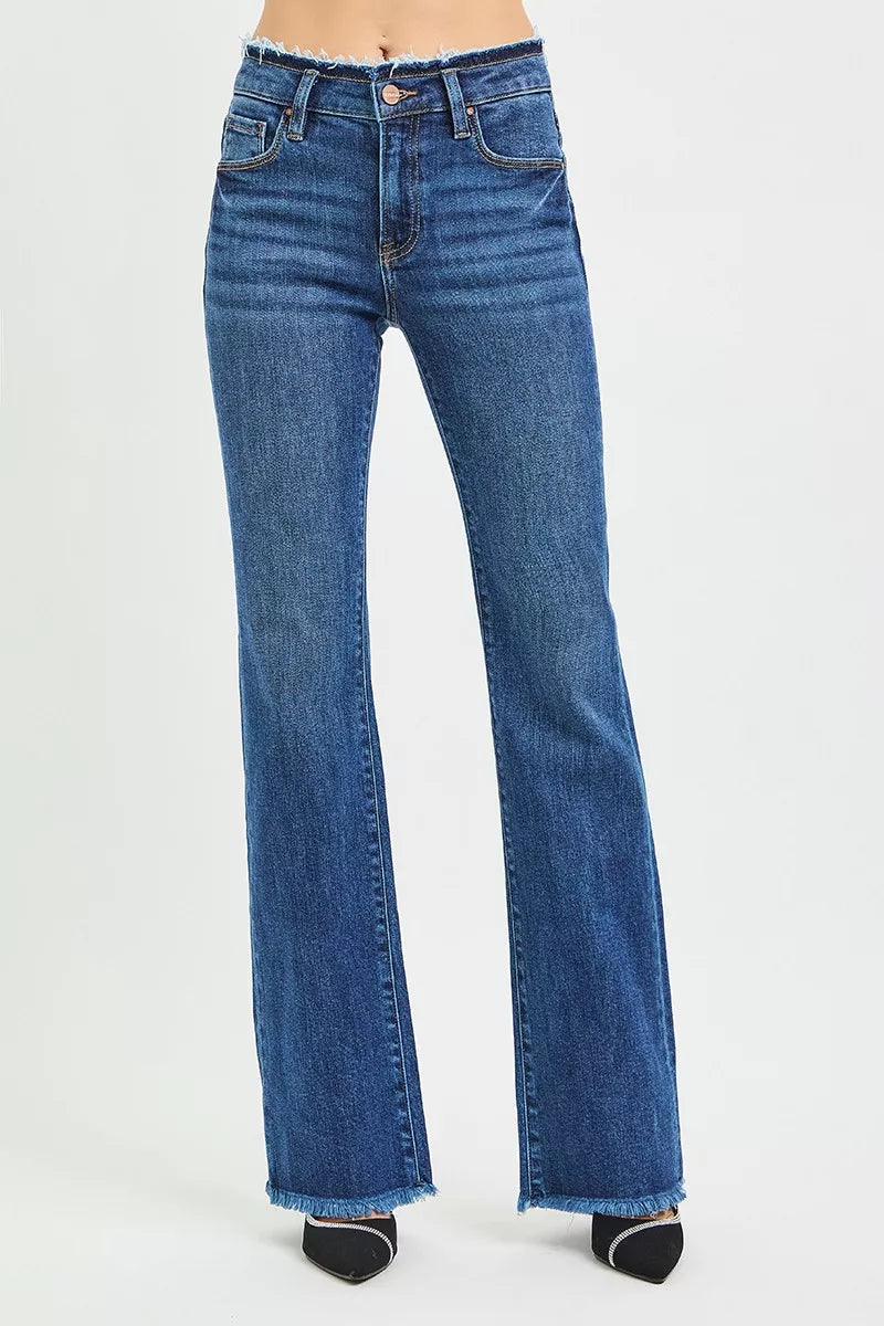Hazel Blues® | RISEN Mid Rise Bootcut Frayed Waistband Hem Detail Jeans