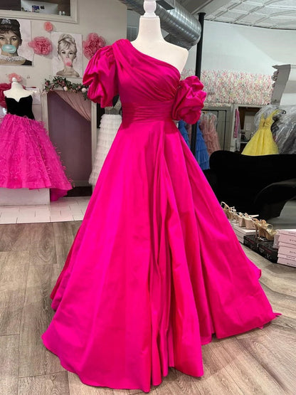 Fuchsia One-Shoulder A-Line Long Prom Dress with Puff Sleeves