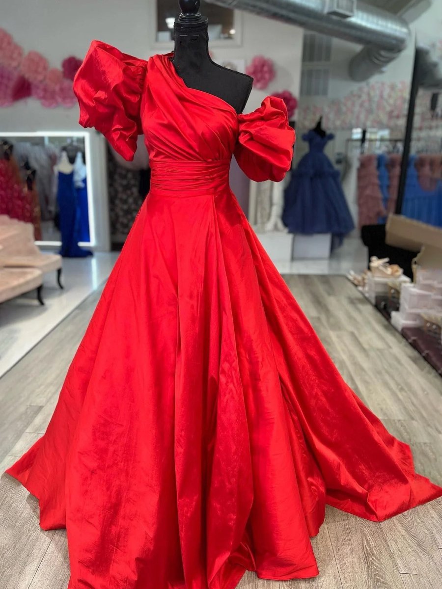Fuchsia One-Shoulder A-Line Long Prom Dress with Puff Sleeves