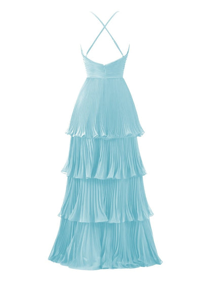 Dark Green A-Line Tiered Floor Length Chiffon Bridesmaid Dress