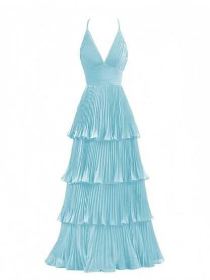 Dark Green A-Line Tiered Floor Length Chiffon Bridesmaid Dress