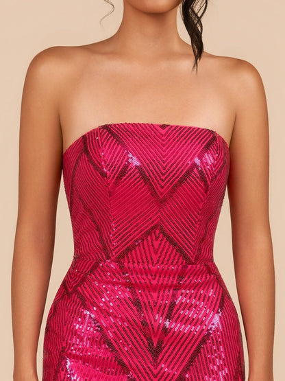 Fuchsia - Strapless Bodycon Sequins Mini Party Dresses With Slit