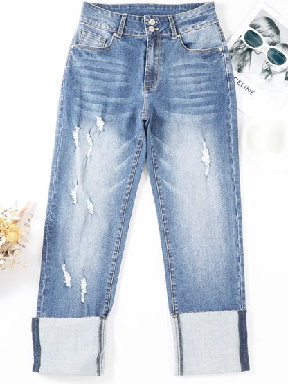 Hazel Blues® |  High Waist Distressed Straight Leg Jeans