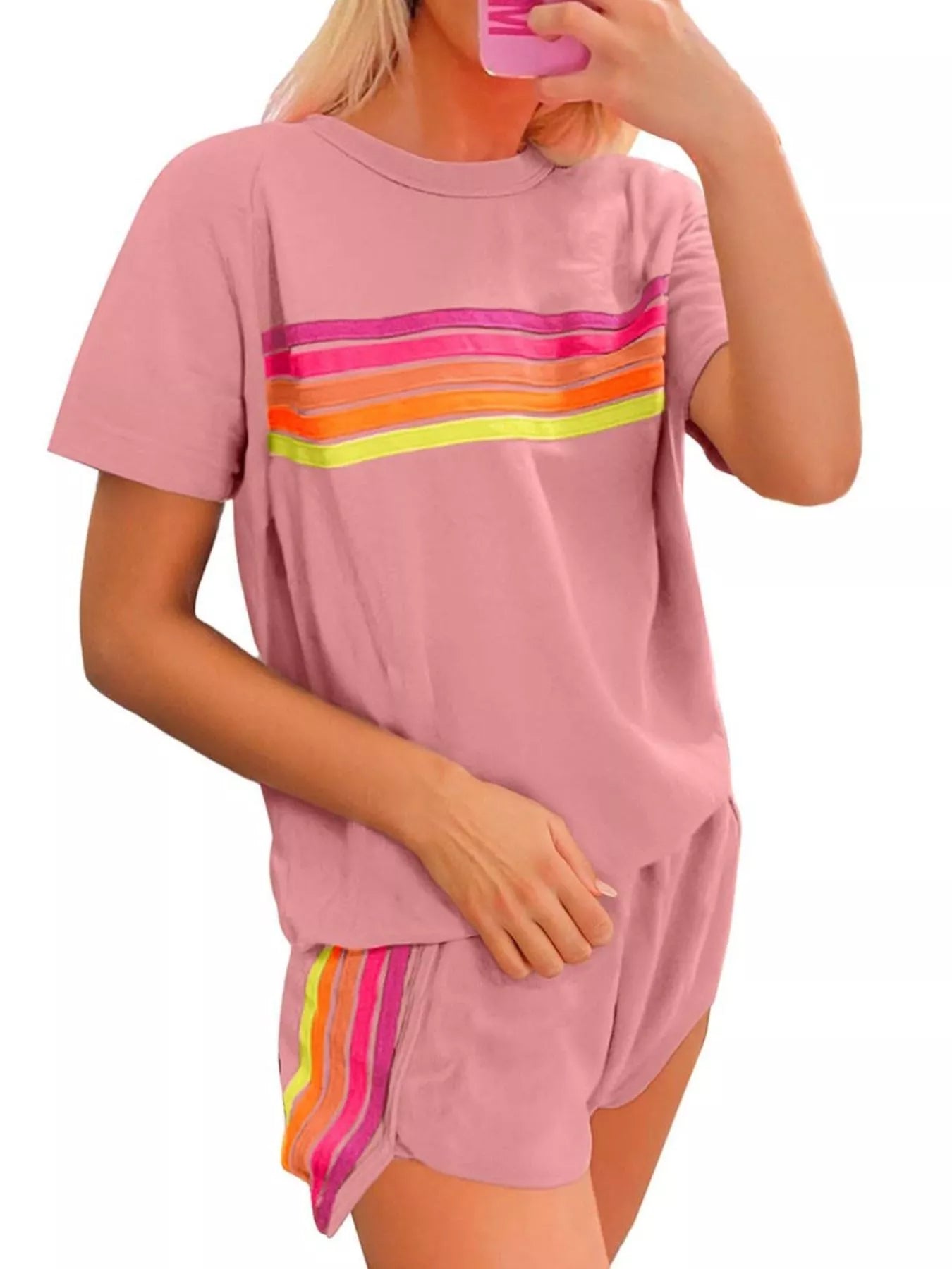 Hazel Blues® |  Rainbow Striped Round Neck Top and Shorts Set
