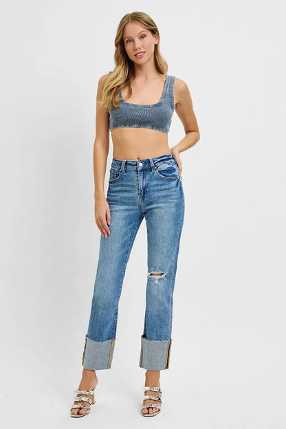 Hazel Blues® | RISEN High Rise Ankle Straight Wide Cuffed Jeans