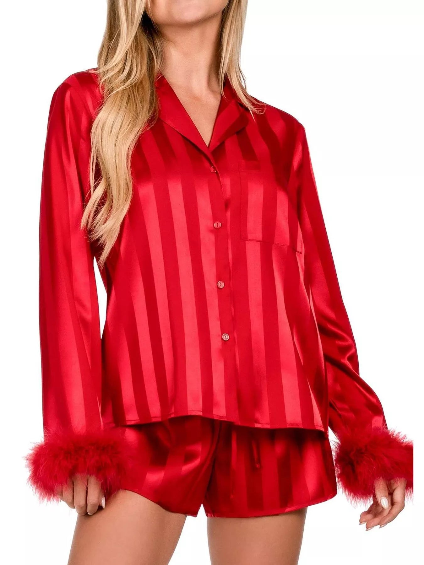 Hazel Blues® |  Striped Feather Trim Shirt and Shorts Lounge Set