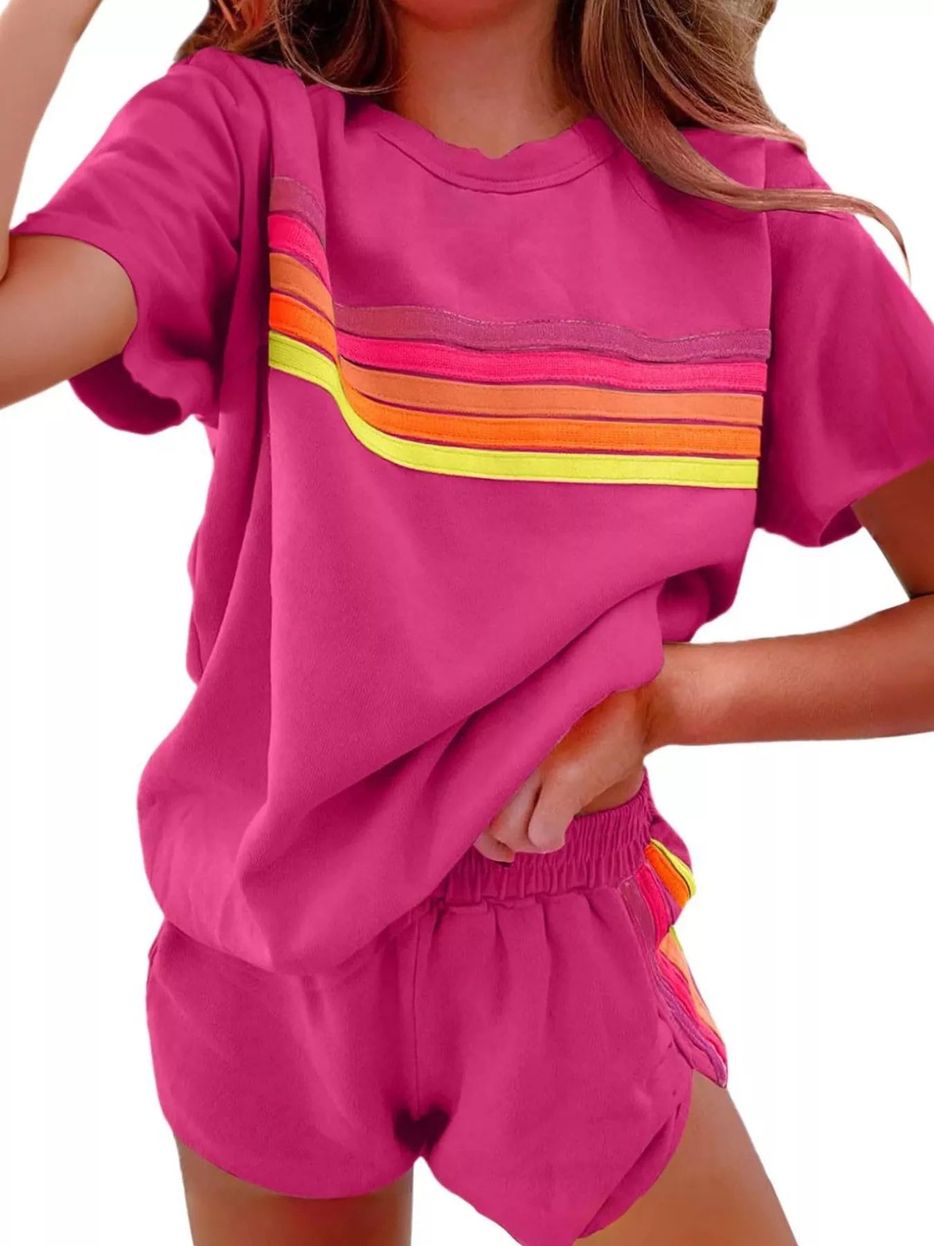 Hazel Blues® |  Rainbow Striped Round Neck Top and Shorts Set