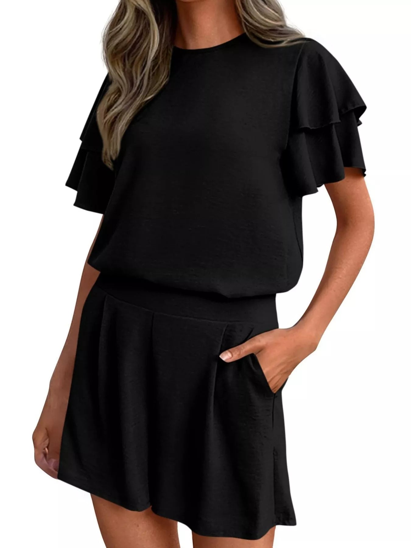 Hazel Blues® |  Ruffle Sleeve Top and Shorts Two-Piece Set