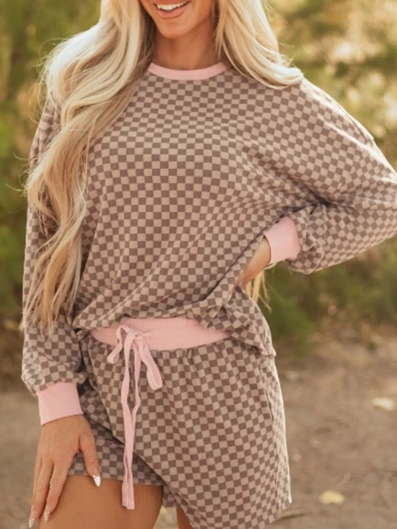 Hazel Blues® |  Checkerboard Long Sleeve Pullover and Shorts Set