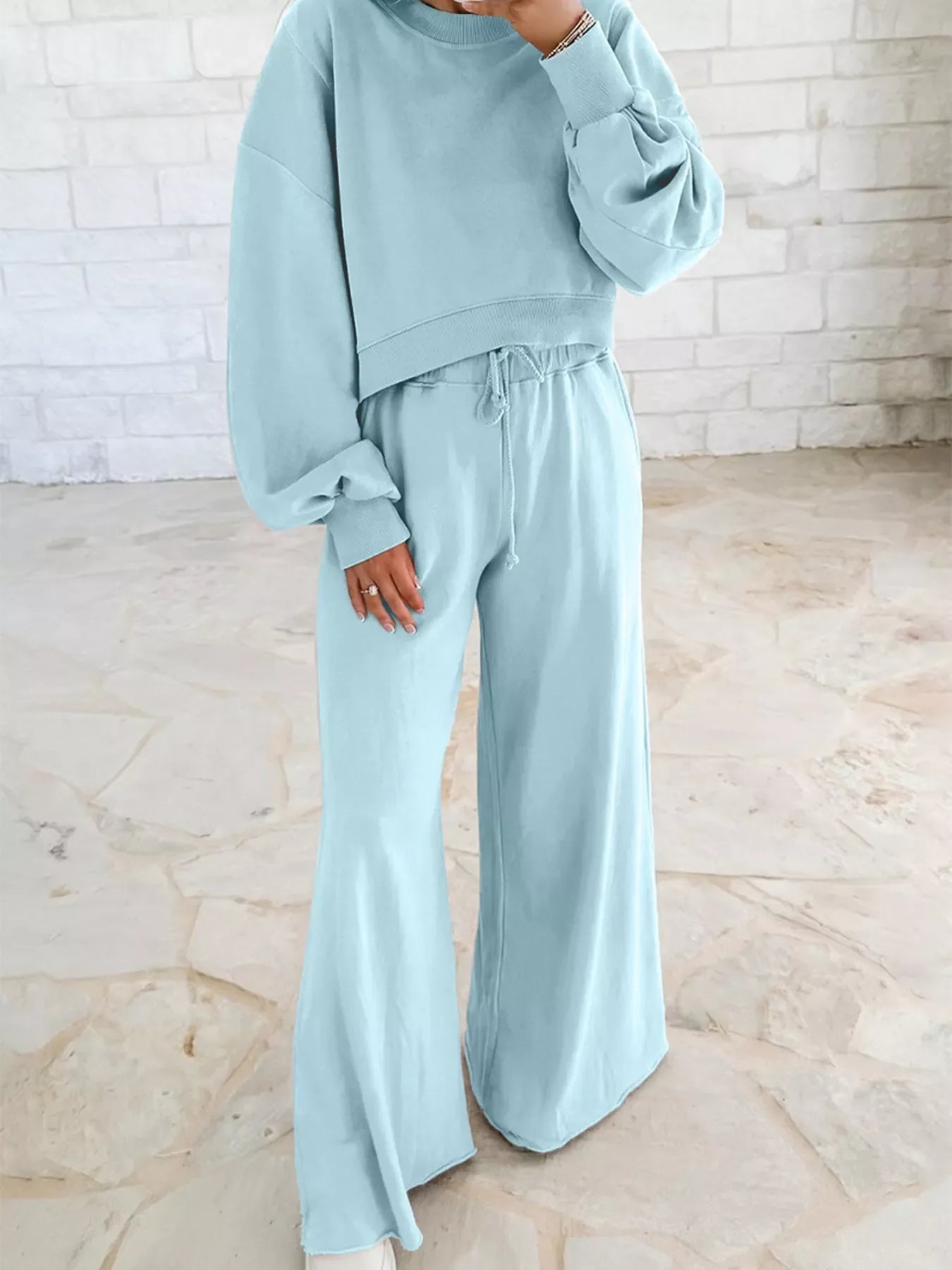 Hazel Blues® |  Drop Shoulder Puff Sleeve Crop Top and Drawstring Wide Leg Pants Set