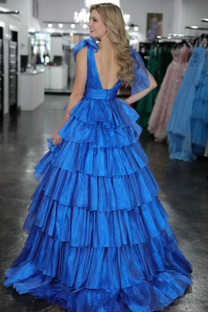 Glitter Tie Straps Pink Plunging Neck Tiered Long Prom Dress