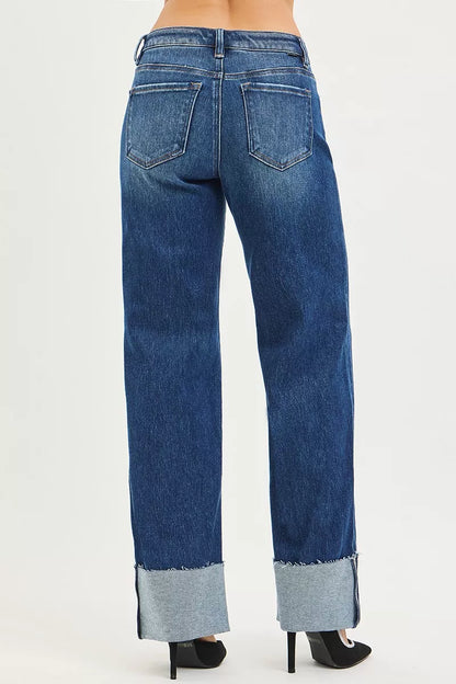 Hazel Blues® |  RISEN Mid Rise Wide Straight Jeans With Wide Cuff