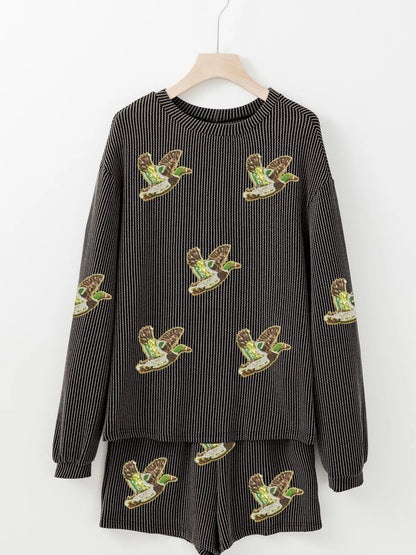 Hazel Blues® |  Flying Mallard Sequin Patched Ribbed Long Sleeve Top and Shorts Set