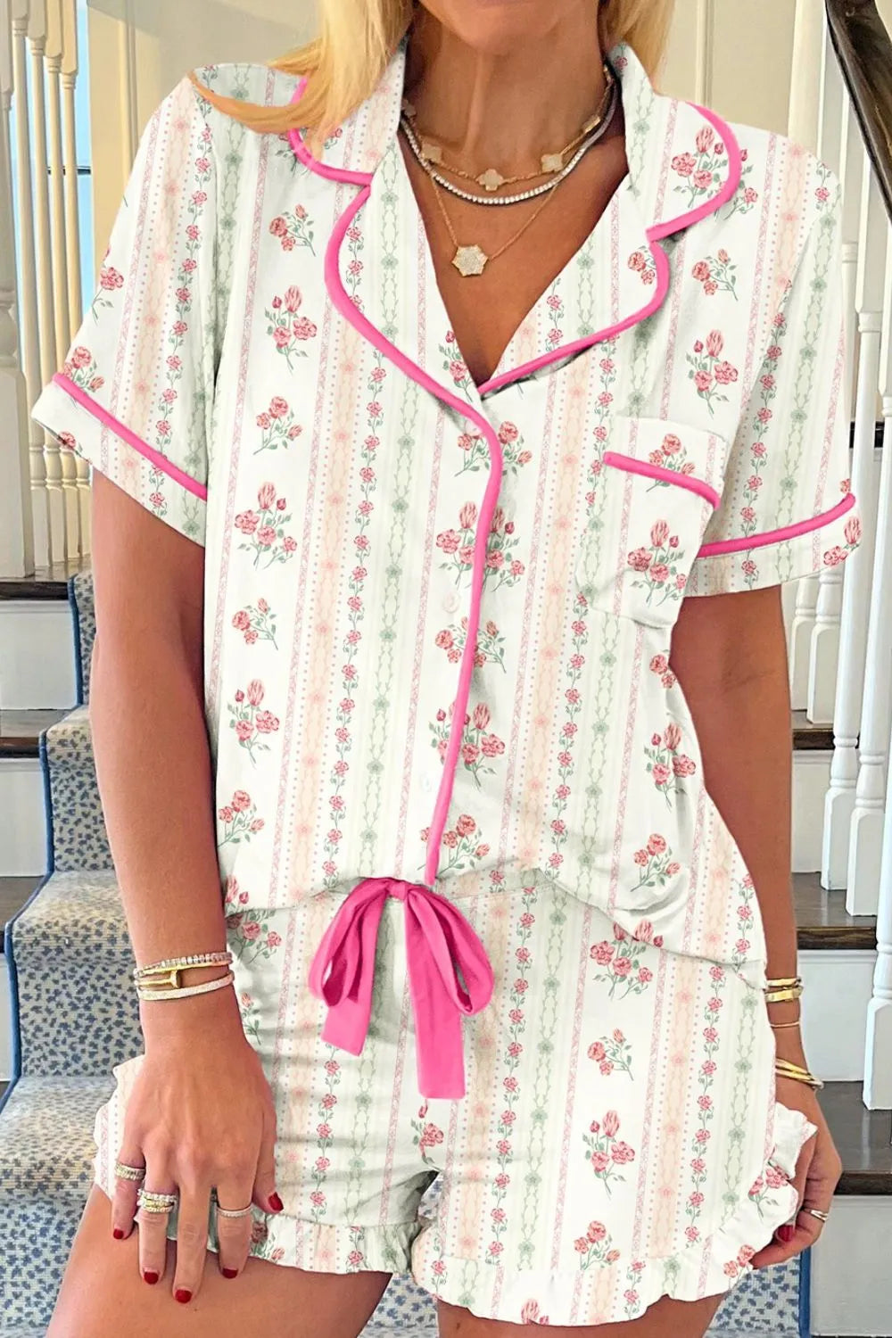 Hazel Blues® |  Printed Button Up Short Sleeve Top and Shorts Lounge Set