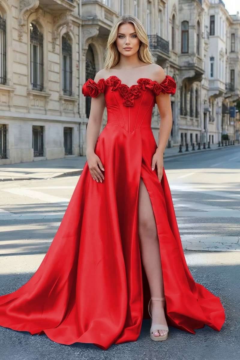 Fuchsia Off the Shoulder Corset Bodice A-Line Prom Dress