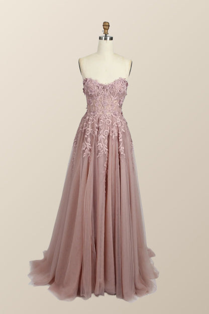Light Blue Floral Embroidery Strapless A-line Formal Dress