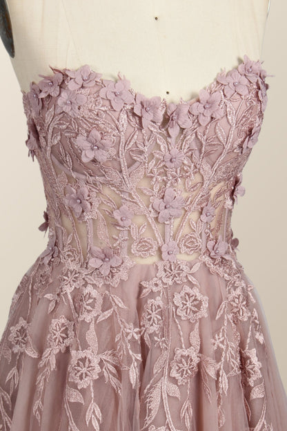 Light Blue Floral Embroidery Strapless A-line Formal Dress