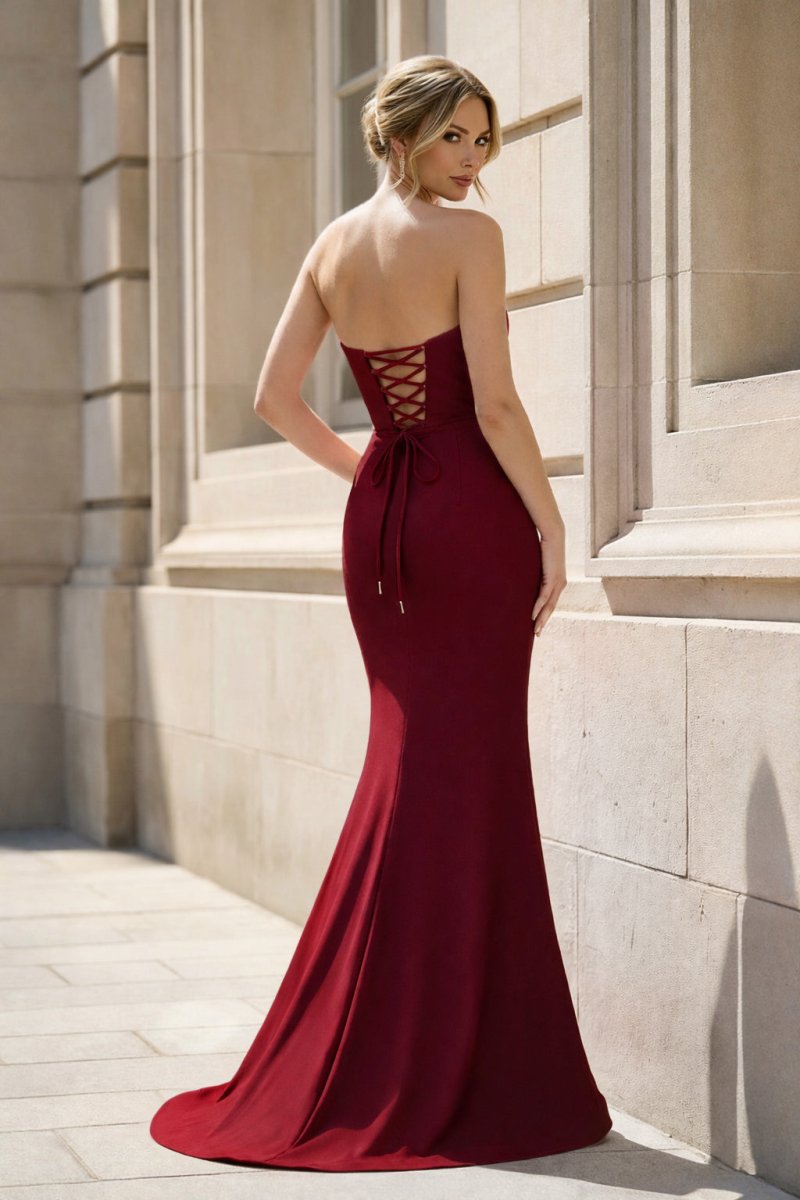 Fuchsia Strapless Mermaid Satin Long Prom Dresses With Beading