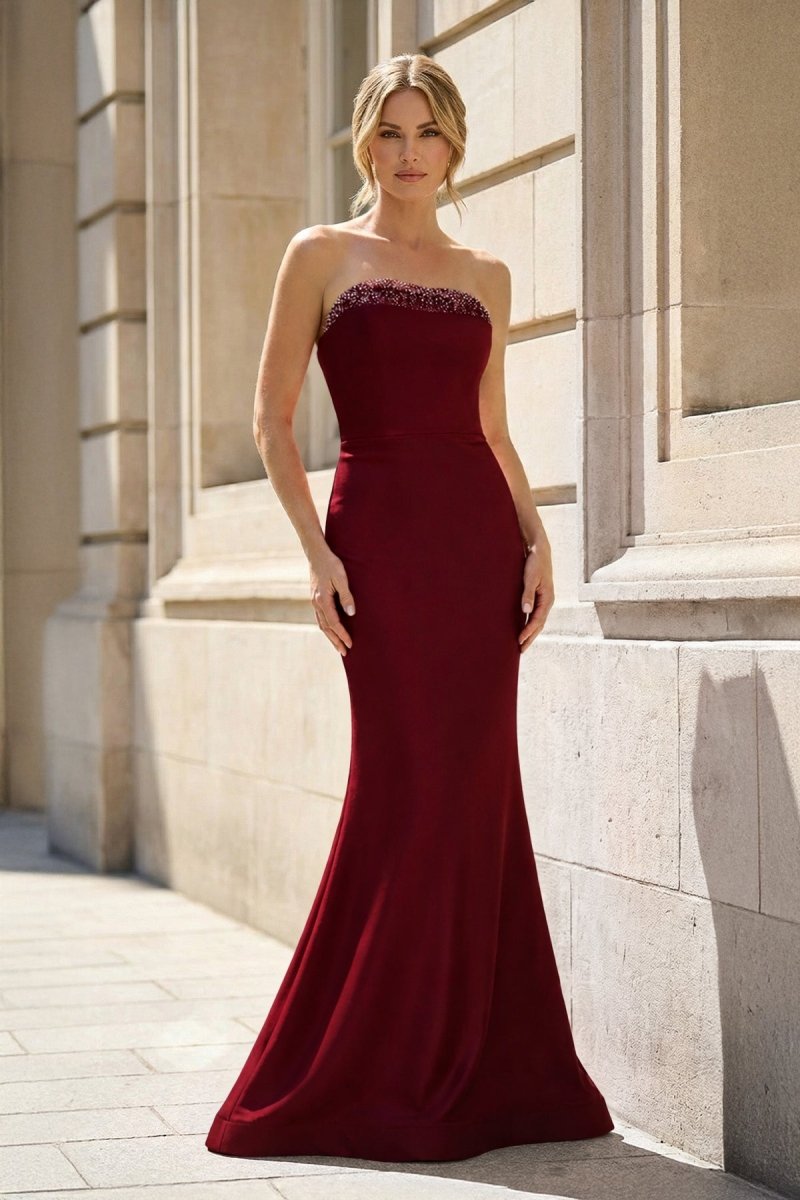 Fuchsia Strapless Mermaid Satin Long Prom Dresses With Beading