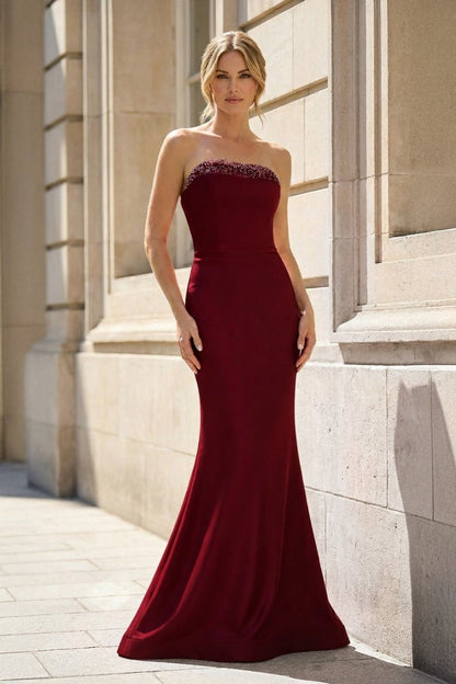 Fuchsia Strapless Mermaid Satin Long Prom Dresses With Beading