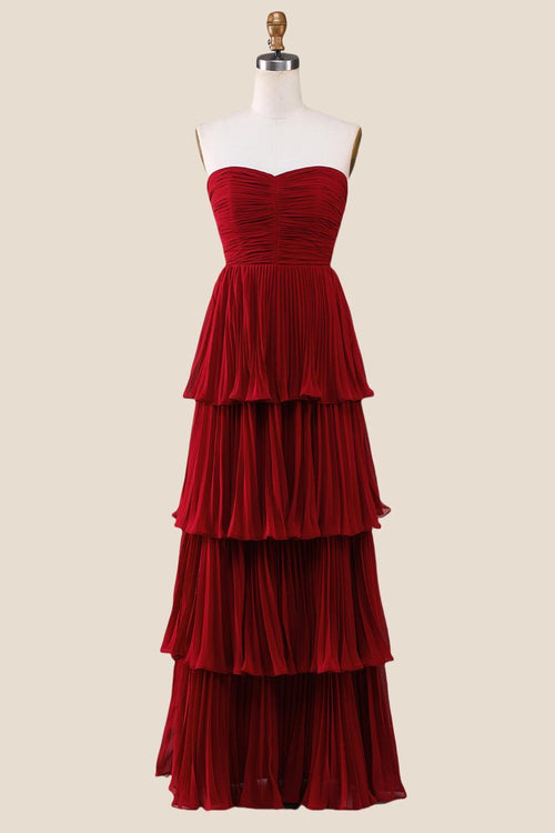 Strapless Burgundy Pleated Tiered Long Party Dress