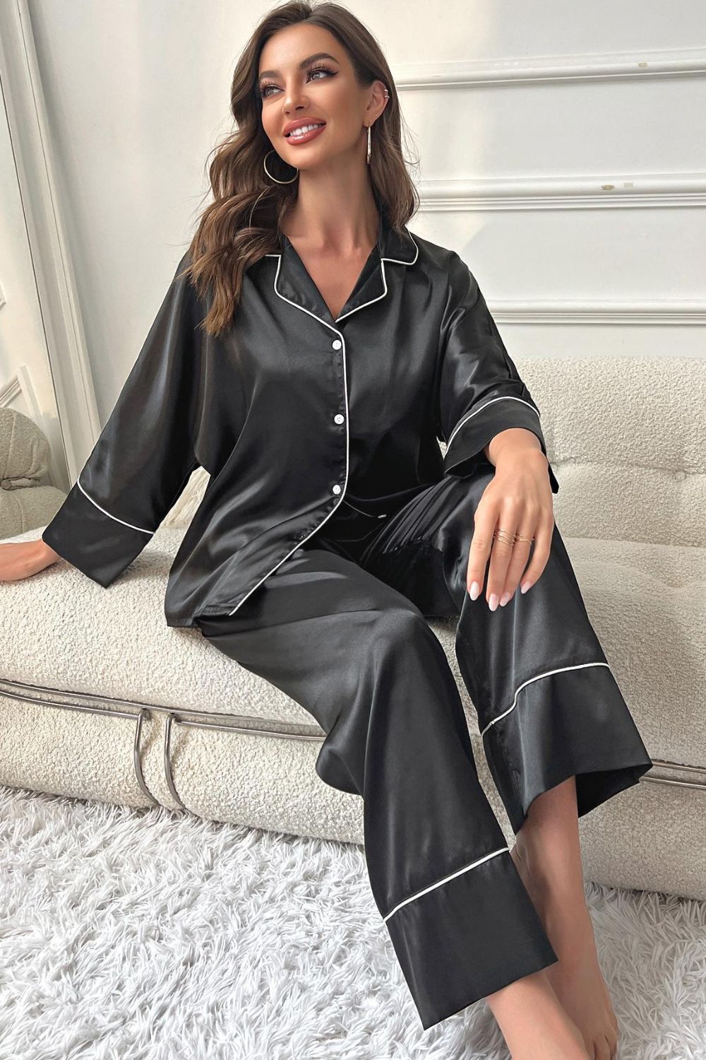 Hazel Blues® |  Contrast Piping Button-Up Top and Pants Pajama Set