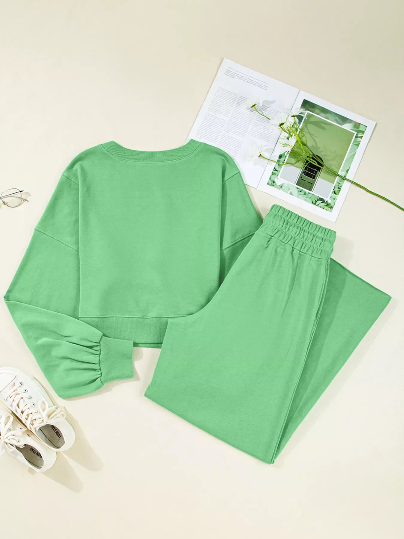 Hazel Blues® |  Drop Shoulder Puff Sleeve Crop Top and Drawstring Wide Leg Pants Set