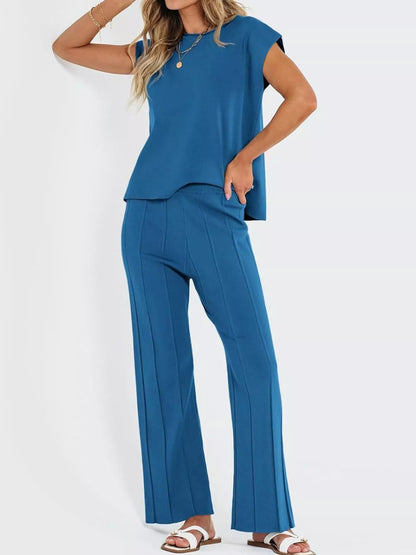 Hazel Blues® |  Casual Solid Color Cap Sleeve Top and Pants Knit Set