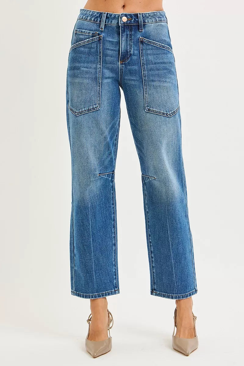 Hazel Blues® |  RISEN 4 Way Stretch Mid Rise Barrel Jeans with Patch Pocket Detail