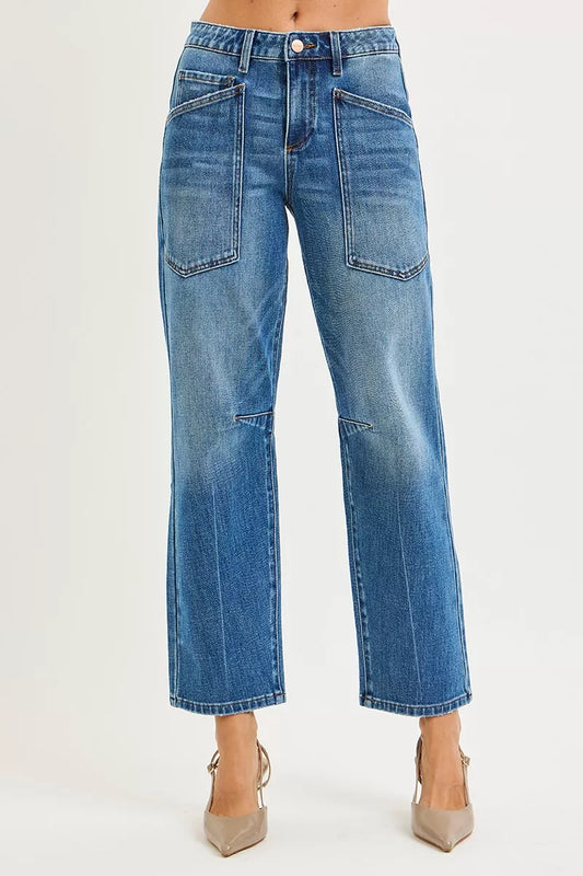 Hazel Blues® |  RISEN 4 Way Stretch Mid Rise Barrel Jeans with Patch Pocket Detail