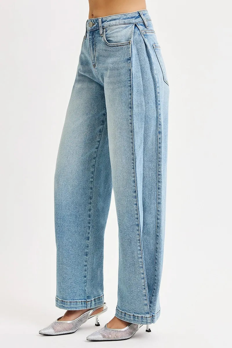 Hazel Blues® |  RISEN Mid Rise Wide Barrel Transferable Leg Snap Jeans