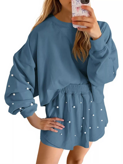 Hazel Blues® |  Pearl Embellished Round Neck Top and Skort Set