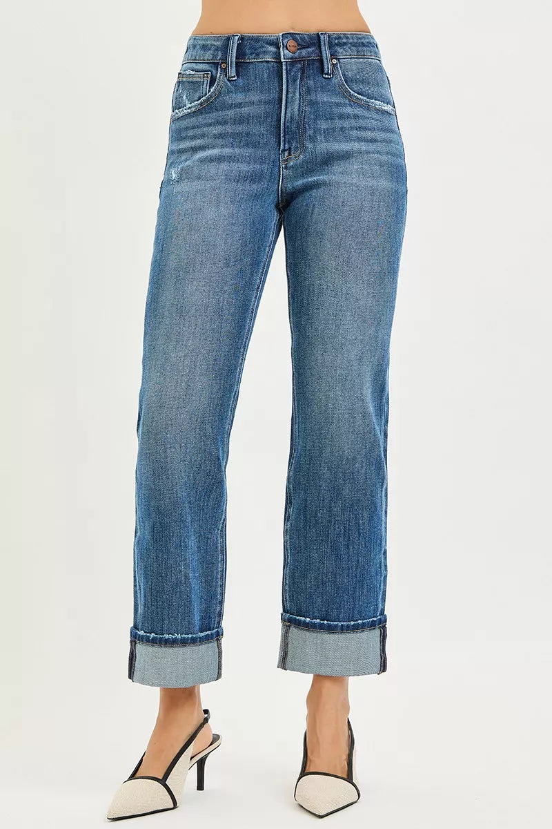 Hazel Blues® | RISEN 4 Way Stretch Slouchy Straight Jeans with Cuffed Hem
