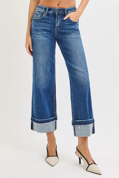 Hazel Blues® |  RISEN Mid Rise Ankle Straight Jeans with Cuffed Hem