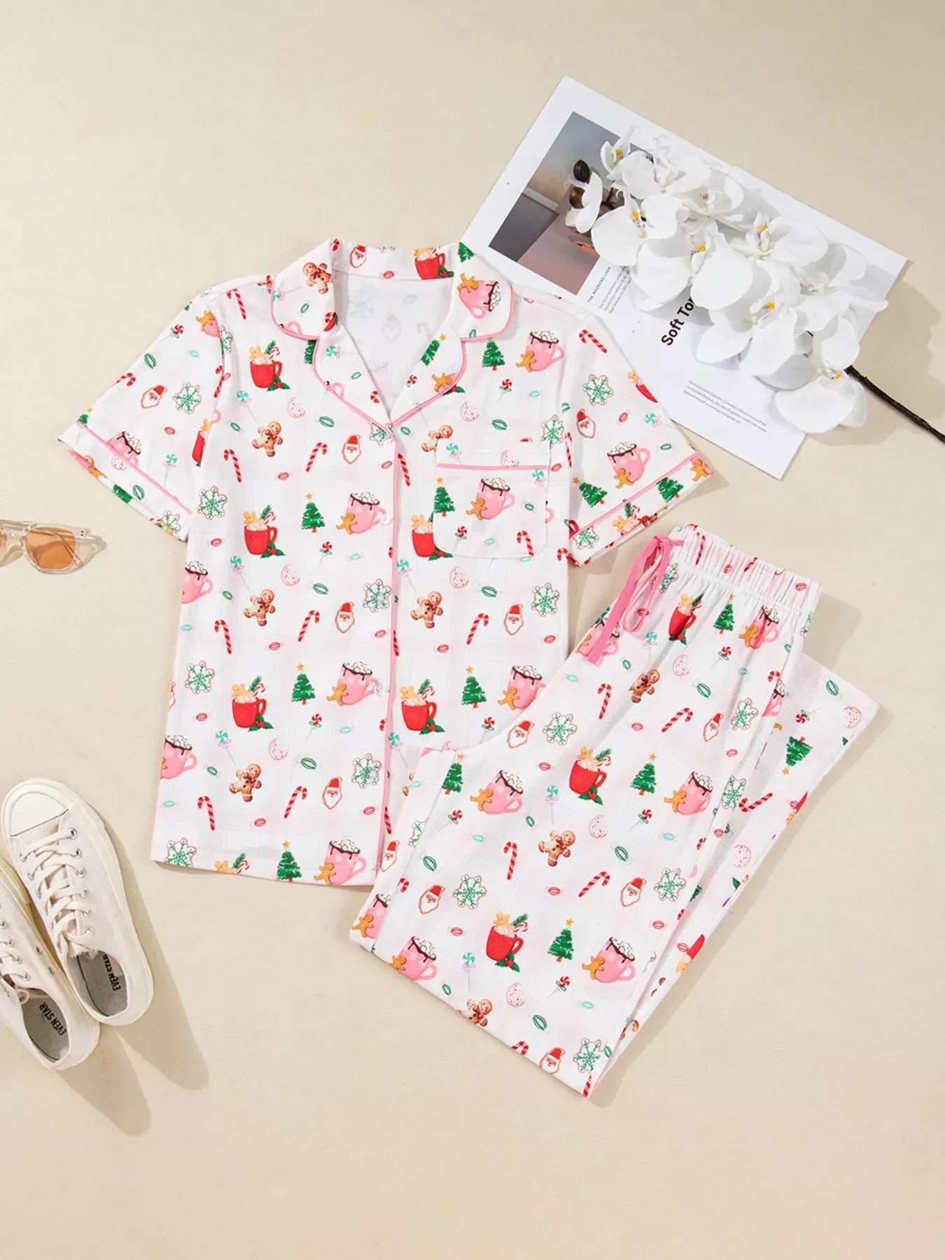 Hazel Blues® |  Christmas Spirit Cute Holiday Print Short Sleeve Shirt and Pants 2pcs Pajama Set