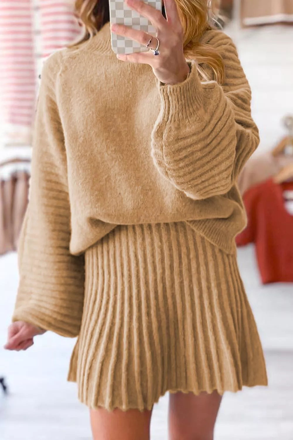 Hazel Blues® |  Ribbed Knit Long Sleeve Top and Skirt Sweater Set
