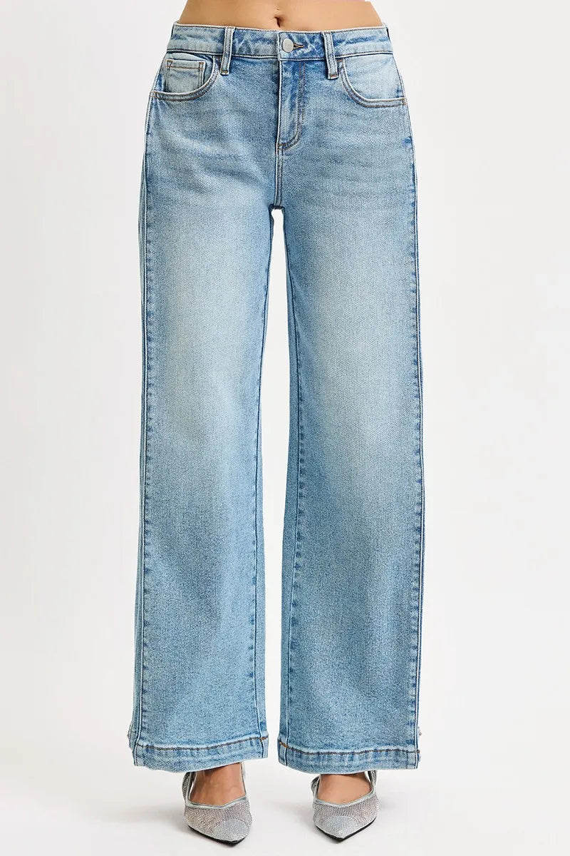 Hazel Blues® |  RISEN Mid Rise Wide Barrel Transferable Leg Snap Jeans