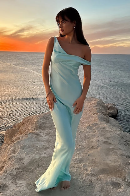 Fuchsia - One Shoulder Sheath Satin Long Prom Dresses
