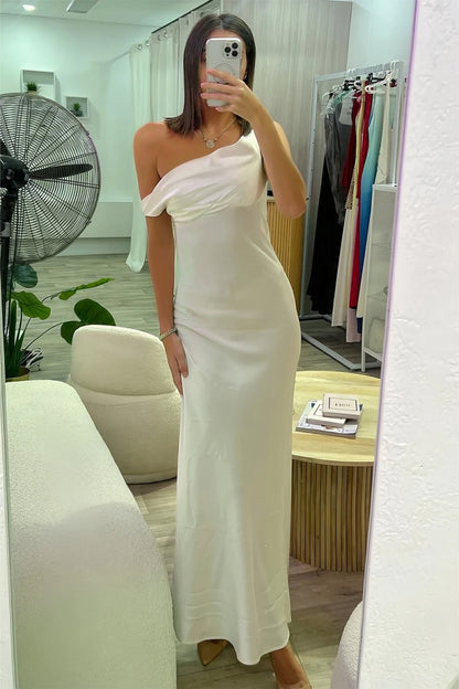 Fuchsia - One Shoulder Sheath Satin Long Prom Dresses