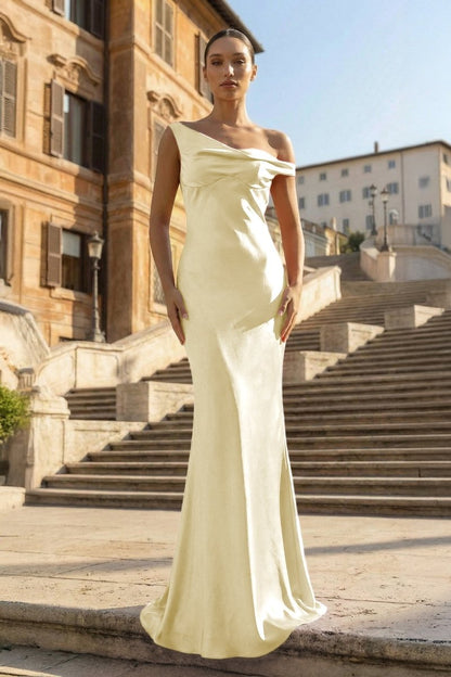 Fuchsia - One Shoulder Sheath Satin Long Prom Dresses