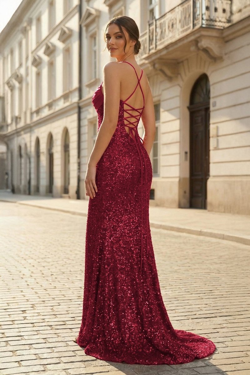 Dark Green Spaghetti Straps Sequins Mermaid Long Formal Prom Dresses With Slit