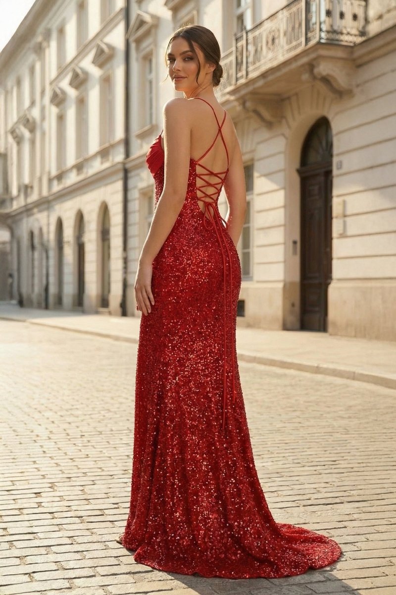 Dark Green Spaghetti Straps Sequins Mermaid Long Formal Prom Dresses With Slit