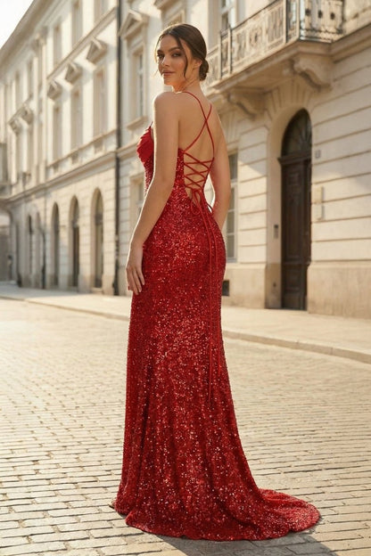 Dark Green Spaghetti Straps Sequins Mermaid Long Formal Prom Dresses With Slit
