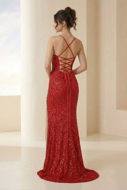 Dark Green Spaghetti Straps Sequins Mermaid Long Formal Prom Dresses With Slit